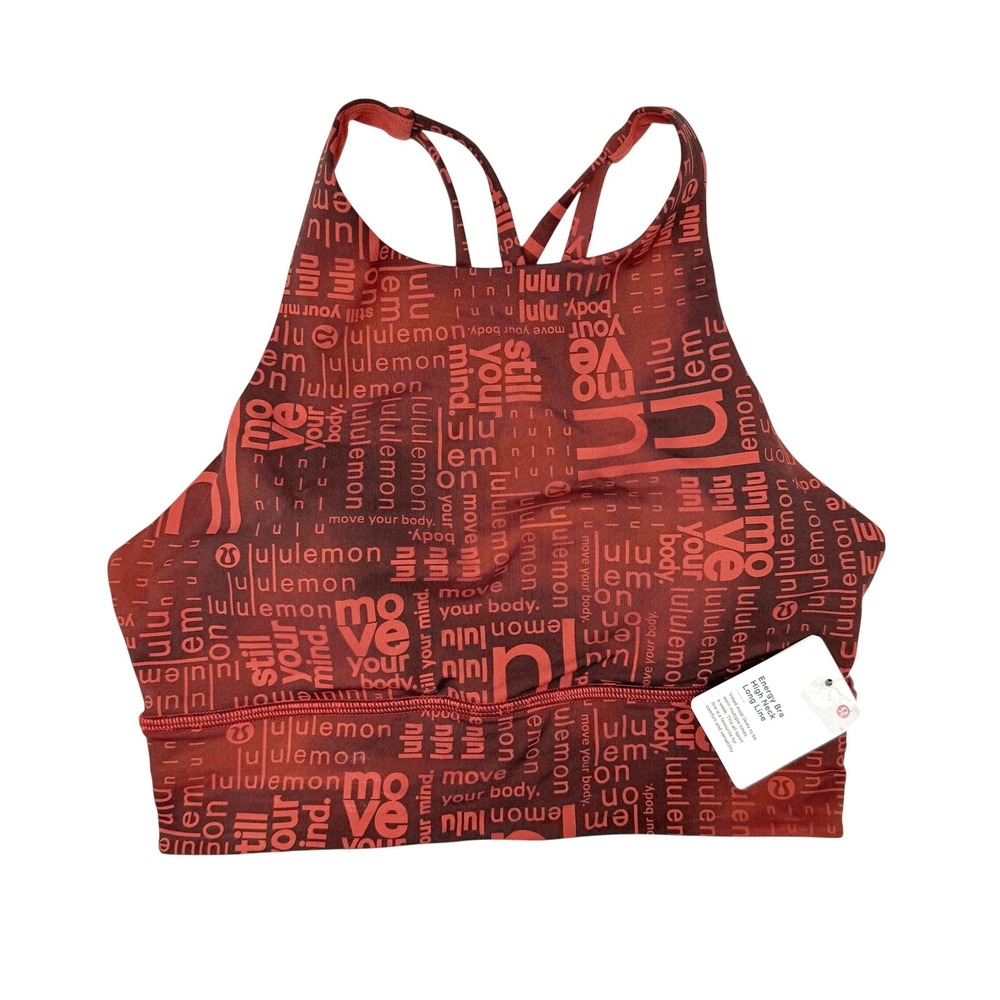 Lululemon Energy Bra High Neck Long Line Women 6 Red Logo Print Yoga Pilates C/D